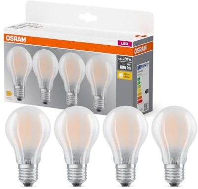 OSRAM LED BASE A60, confezione vantaggiosa con 4 lampadine, sostituisce le tradizionali lampadine da 60W, 6.5W, bianco caldo (2700K), vetro opaco, non dimmerabile, forma a bulbo, E27