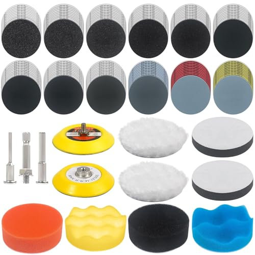 133PCS Sanding Discs Car Polishing Pads Kit for Drill - 75mm Wet and Dry Sandpaper 60-10000 Grits, Car Polishing Kit Drill Sanding Attachments Car Headlight Restoration Kit for Auto Wood Metal