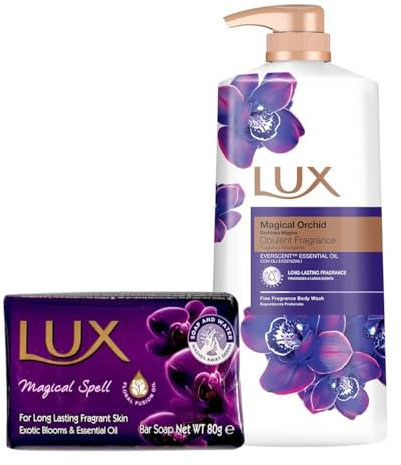 LUX Body Wash, Magical Orchid with Juniper Oil - Gentle & Soothing Skin Care, Nourishing Body Cleanser, Shower Gift for Women - 1L and Lux Purple Magical Soap Bars 80g x 1