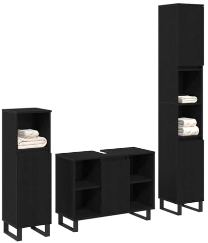 vidaXL Set di mobili per Il Bagno 3 PCS Nero Legno Multistrato, Elegante mobiletto per Il Bagno, unità di scaffali rettangolari, Legno Moderno, Set organizzazione Funzionale