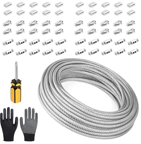Kit de Cable de Acero Inoxidable de 3 mm | Kit de Cable de Acero de 100 m, con Manguito de Engarce, Juego de Enrejado para Cuerda de Cortina, Tendederos