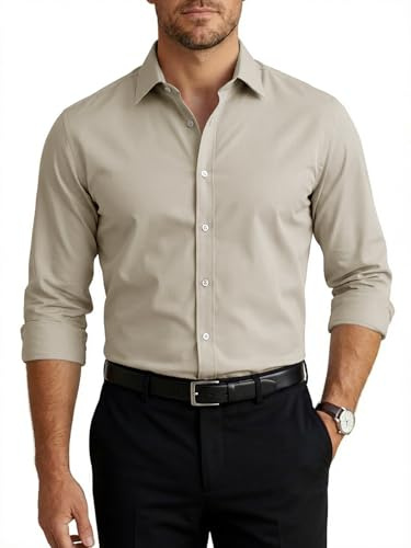 Runcati Camisa de hombre de manga larga elástica, camisa de negocios para hombre, monocolor, ajustada, informal, fácil de planchar, camisa de traje, camisa con botones, caqui claro, XXL