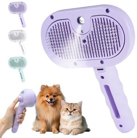 Kiaxffy Katzenbürste mit Dampf Hundebürste, Selbstreinigende Bürste Für kurz- & langhaarige Hunde/Katzen/Kaninchen, Multifunktionale Dampfbürste Katze Massage Kamm(Violett)
