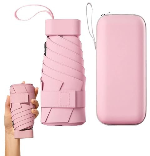 Mini Folding Travel Umbrella, Windproof Strong, UV Protection, 6 Ribs, Pocket Umbrella with Capsule Case for Women, Men, Girls-Pink