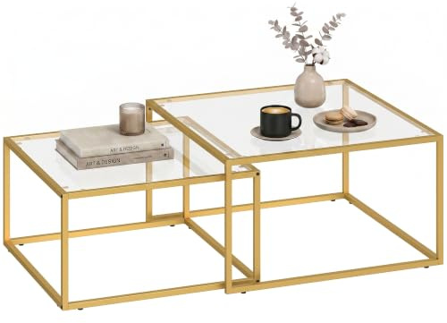 HOMCOM Set de 2 Mesas de Centro Cuadradas Modernas 75x75x42cm Dorado | Mesas Nido, Tablero de Vidrio Templado, Estructura Metálica, Ahorra Espacio, para Salón, Dormitorio u Oficina