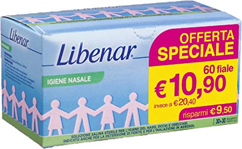 Libenar Soluzione Isotonica, Soluzione Fisiologica Salina per Detersione di Naso, Occhi, Orecchie e per l'Inalazione in Aerosol, Adatto a Neonati e Bambini, Flaconcini Monouso da 5 ml - 60 Flaconcini