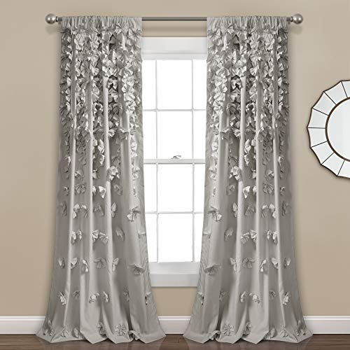 Lush Decor Riley Light Filtering Window Curtain Panel, Single 54 W x 84 L, Light Gray - Cute Gray Curtains for Bedroom - Bow Decor - Coquette Curtains for Windows