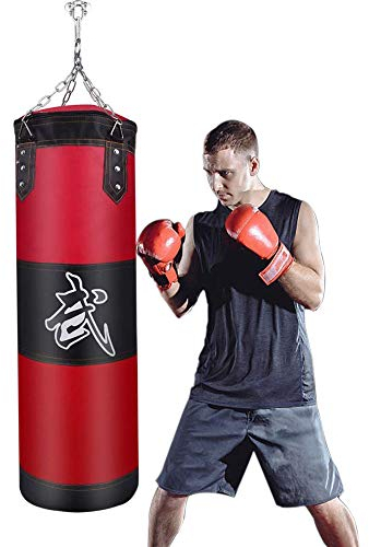 Boxsack für Kinder und Erwachsene Punchingsäcke - JanTeelGO Ungefüllte Hängende Boxsack mit Montagekette für Boxtraining Sandsack Kampfsport | Canvas Punching Bag (Rot, 100cm)