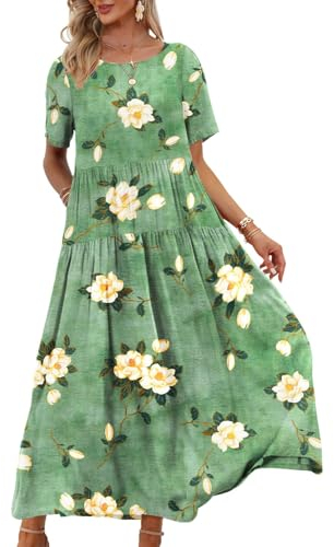 YESNO Damen Kleider Freizeit Lose Sommerkleid Lang Boho Maxikleid für Rundhals Strandkleid Blumenkleid XL EJFDE CR19