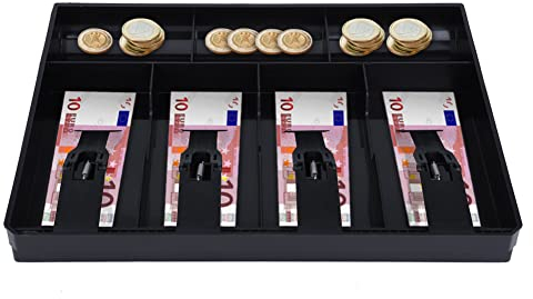 Geldkassetten Kassenschublade Ersatz Register Fach mit 4 Rechnungen 3 Münzen Fächer, 32 x 24,5 x 3,5 cm Schwarz Einlegen Kassenlade für Supermarkt Shops Mall Lebensmittelgeschäft