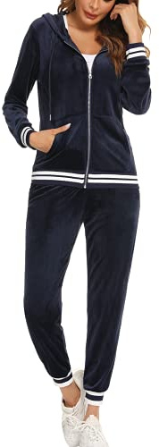 Enjyam dam velour träningsoverall mysig Nicki hemmadräkt 2 delar joggingdräkt sammetslen mjuk ribbad dragkedja jacka och byxor med ficka, Marinblå, XL