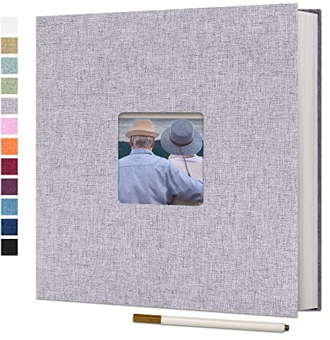 Vienrose Photo Album Self Adhesive Book with Window 60 Pages 33x32cm Grey | Linen Cover, Scrapbook Album, 4X6 8X10 Photos, Metallic Pen, Wedding Baby Travel