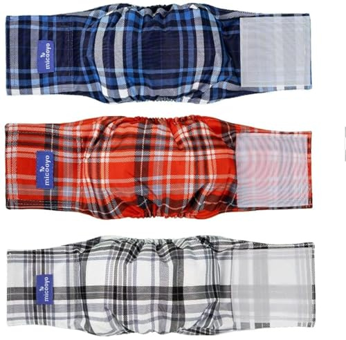 MICOOYO Tvättbara magband för manliga hundar | återanvändbara hundblöjor | absorberande hundomslag med justerbart fästelement – XL (förpackning med 3, rutig röd och blå och grå)