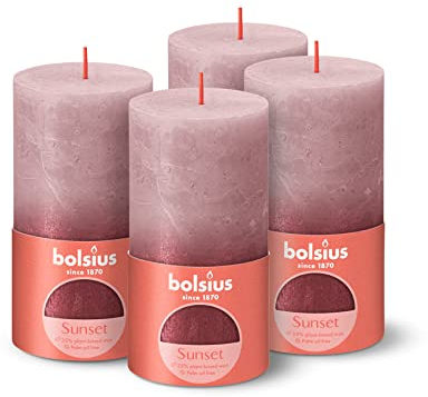 Bolsius Rustik Stumpenkerzen - Fading Metallic -Rose & Rot - 4er Pack - Lange Brenndauer 60 stunden - Unparfümiert - Enthält Natürliches Pflanzenwachs - Ohne Palmöl - 13 x 7 cm