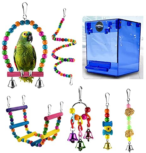 QeeHeng Vasca da Bagno per Uccelli, Contenitore per Uccelli da 13 x 13 x 17 cm, Contenitore Trasparente per mangiatoia per Uccelli Piccoli, (Senza perdite e 6 Giocattoli per Uccelli) (Blu)