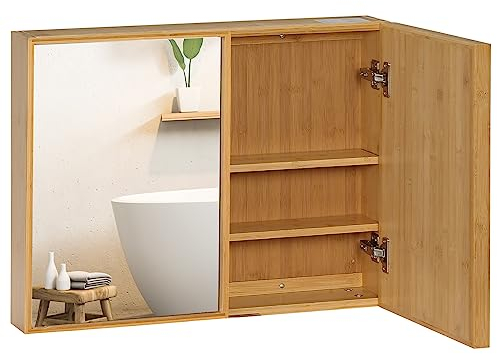 kleankin Spiegelschrank, Wandschrank mit 3 Innenböden, Badspiegelschrank mit Doppeltür, Hängeschrank für Badezimmer, Schlafzimmer, Bambus, Natur, 65,2 x 14 x 50 cm