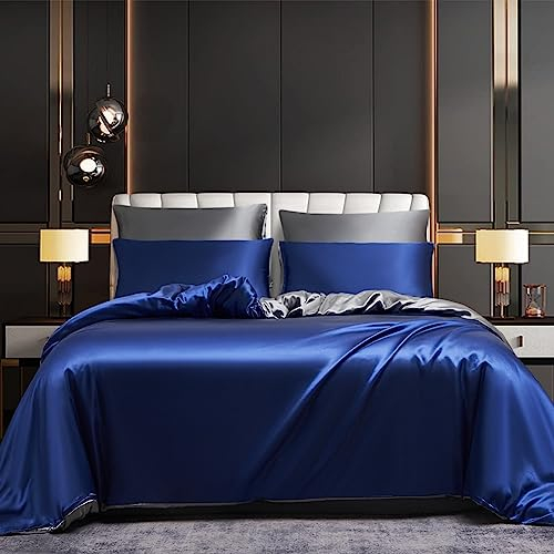 Luofanfei Satin Bettwäsche Set 135x200 Blau Dunkelblau Grau Glanzsatin Seide Kühlende Wendebettwäsche Sommer Glatt Glanzs Glänzend Uni Muster Luxus Bettbezug 135 200 Einzelbett mit Reissverschluss