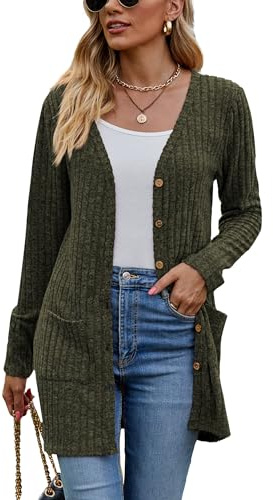 Famulily Cardigan da donna a maniche lunghe, con apertura frontale, con bottoni, scollo a V, leggero, con tasche, in poliestere rayon spandex tinta unita, S-XXL, beige/nero/blu/verde militare/cachi