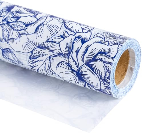 RUSPEPA weiße Kraft-Geschenkpapierrolle – Mini-Rolle – blaues Blumendesign, ideal für Geburtstag, Party und Babyparty – 43,2 cm x 10 m
