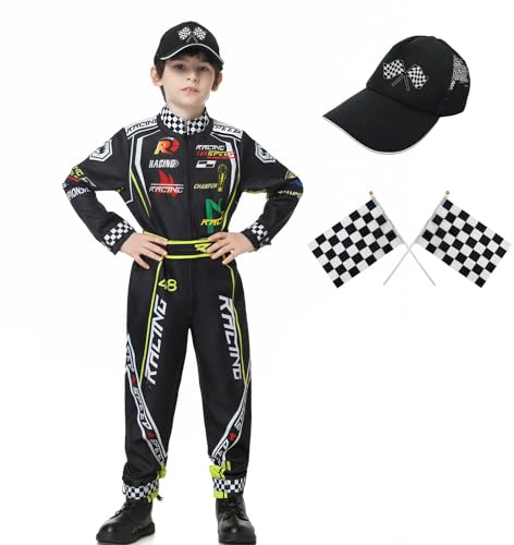 KUKIKUKI Costume de pilote de voiture de course Combinaison de pilote de course avec casquette Kids Dress Up for Halloween (Noir, 120)