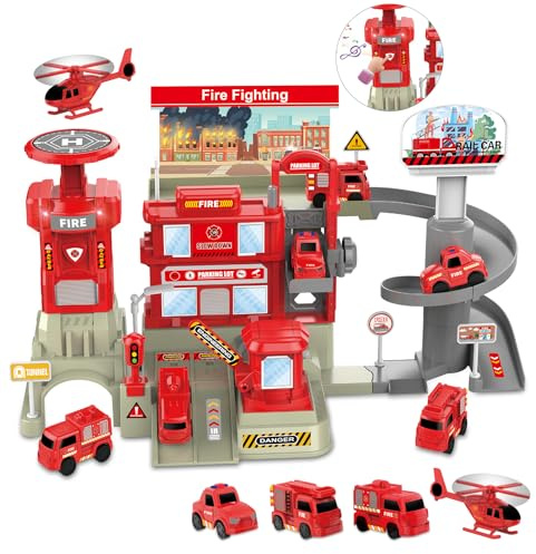 deAO Fire Station Playset, 2-Level Fire Fighting Parking Lot with Ramps Tracks Garage Vehicles Fire Trucks Helicopter Safety Signs, Educational Building Toy for Toddlers Boys Girls