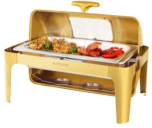 Roomark 8,6L Roll Top Calentador Buffet, Servidor de Buffet de Acero Inoxidable SS201, Rectangular, Bandeja de Calefacción,Marco Grueso, para Buffet,Fiestas de Catering y Bodas, Oro