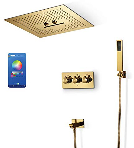 QUEAWOQ 64 Color LED Gold Shower Combo Set Ceiling Mounted Bathroom Shower Faucet Set with 16 Inches Shower Head, Handheld Shower, Bathtub Faucet,Mobile Phone Control,Showerheads Octopus feet