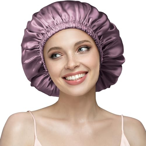 UmisleepGorro de dormir de 22 Momme de seda 100% de morera, doble gorro para cabello rizado, transpirable, ajustable, con banda elástica para fijar en la cabeza