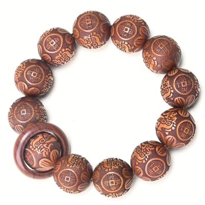 Hondark Natural Wooden Bracelet Adult Spring Bracelet Bead Dia. 0.8 inch 12 Beads 1pc (AnimalEngrave)