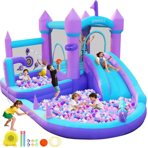 GYMMALL Water Bounce House with Slide for Kids 3-8, Purple Inflatable Bouncy Castle 12.5 * 6FT with 480W Blower Jumping Space Ball Pit Swimming Pool, Indoor Bouncy House for Party Birthday Event Gift