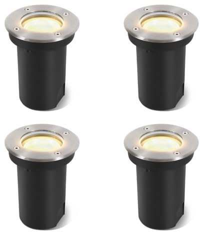 Vigevee 4er set Bodeneinbauleuchte für GU10, Bodeneinbaustrahler Aussen Led Runde, IP67-Wasserdicht Bodenstrahler, Drehbarer Bodenleuchten mit Lichtquelle, Warmes Weiß 3000K, Silber Gebürstet