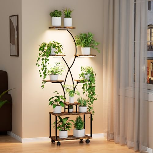 Azaeahom Plant Stand Indoor with Grow Lights, 8 Tiered Metal Plant Shelf with Wheels, 58 Tall Corner Plant Stand Flower Display Rack Holder for Living Room, Patio
