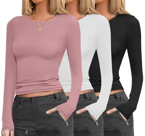 Ekouaer Womens 3 Pack Long Sleeve Shirts Fitted Tops Base Layering Tight Thermal Undershirts Thin Warm Tops, Black/White/Pink, M