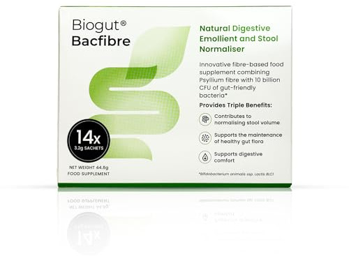 Biogut Biogut Bacfibre Psyllium Husk (Ispaghula Husk) Fibre with High Strength10 Billion Friendly Bacteria - 14 Sachets - Supports Constipation Relief & Stool Regularity for Adults - Sugar Free