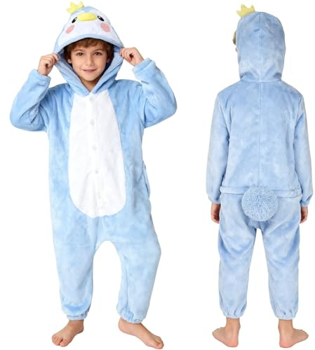 PinkSheep Pigiama Invernale Onesie per Bambini, Simpatico Pigiama a Forma di Animale dei Cartoni Animati per Ragazzi e Ragazze, Morbida Tuta Costume di Travestimento per Bambini, Pinguino., 7-8 Years