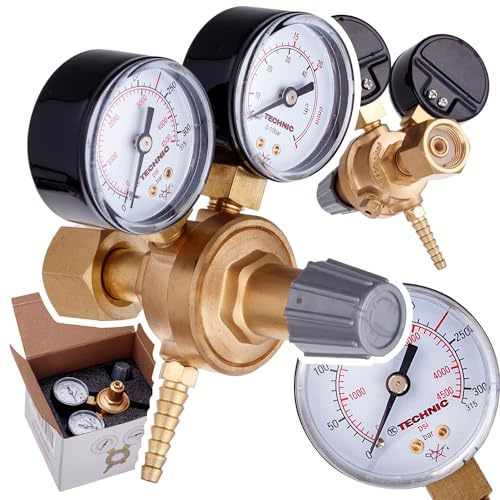TC Technic Gasdruckminderer für Argon und CO2 – Druckregler für WIG MIG MAG Schweißen – 0–10 bar – 20 l/min – mit 2 Manometern – Messing – W21,8 Anschluss