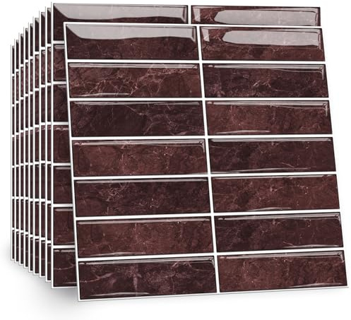 TOARTi 10 Sheets Dark Red Self Adhesive Wall Tiles,12×12inch Stick On Wall Tiles Kitchen Splashbacks for Walls,Tile Stickers Peel and Stick Backsplash Splashback Decals Tile