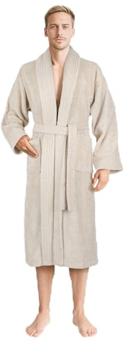 American Soft Linen Men’s 100% Cotton Terry Bathrobe – Soft, Absorbent, Quick Dry Turkish Robe for Men, Medium - Beige