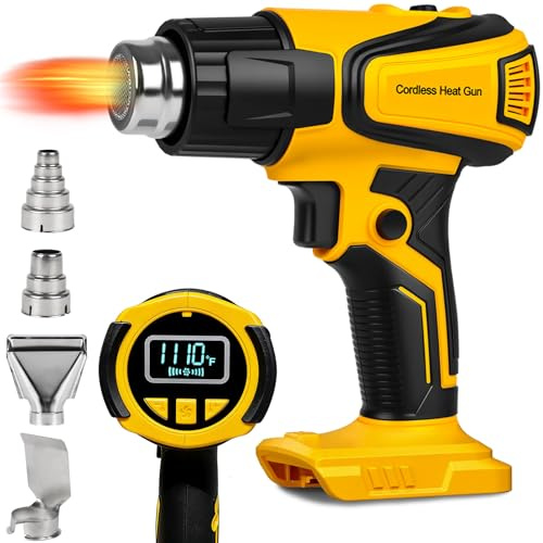 350W Cordless Heat Gun Compatible with Dewalt 20V Battery,Adjustable Temp 120℉–1110℉,LED Light,Portable Hot Air Gun LCD Digital Display & 4 Nozzles For Shrink Tubing,Crafts,DIY(Tool Only,NO Battery)