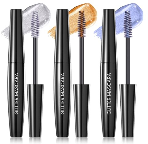 Prreal 3 Colors Glitter Mascara,Quick-dry Diamond Sparkly Eyelashes, Long Lasting Curling Volumizing Mascara Shimmer Eye Makeup, 01+02+03
