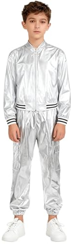 Oyolan Ensemble Enfant Garçon Fille Costume Disco Hip Hop Danse Moderne Jazz Veste Zippé Métallique Pantalon de Jogging Cargo