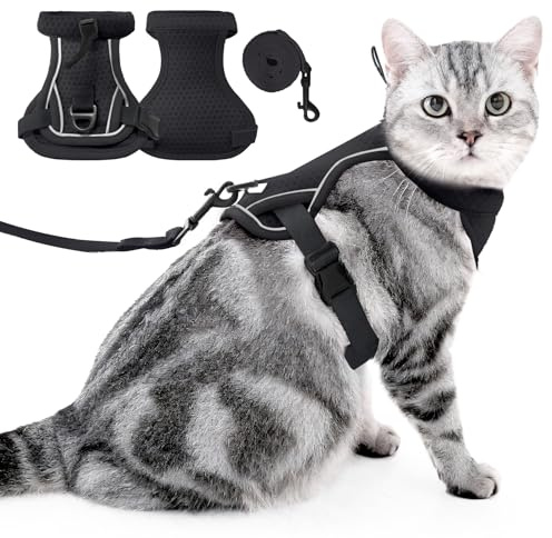 PAWIVID Set med kattsele och koppel – rymningssäker, justerbar andningsbar västsele med reflekterande remsor, enkel kontroll och säker promenader för små medelstora katter kattunge krage (svart