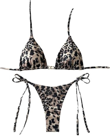 GORGLITTER Triangelbikini för kvinnor, tvådelad baddräkt, leopardbadmode, halterneck, strandmode, baddräkt, tangas, strandoutfit, set, leopard, M