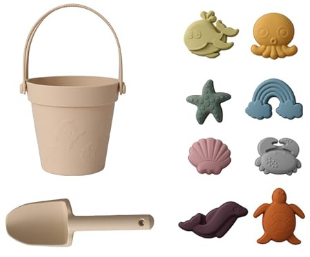 Dynaeuty 10 pièces Kit de Plage en Silicone Souple, Seau à Pelle et Moule à Sable, Jouets de Plein Air pour Les Jeux D'extérieur Garçons Filles (Beige)
