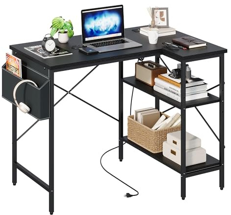 Panana L Shaped Gaming Desk with Power Outlets, Reversible Corner Computer Desk with Storage Bag & Shelves, Home Office Study Workstation Writing Table for Small Spaces (Black, 100x70cm)