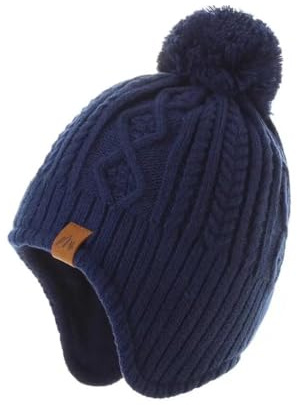 Moon Kitty Winter Hat for Toddler Boy with Ear Flaps - Soft Fleece Lined Baby Beanies Warm Pom Pom Hat for Boys & Girls Navy