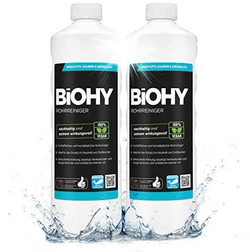 BiOHY Rohrreiniger (2 x 1 liter) | EXTRA STARK | flüssiger Abflussreiniger | Profi Mittel für Verstopfungen in Küche, Dusche & Toilette | entfernt Haare & Gerüche effektiv | kraftvolles Konzentrat