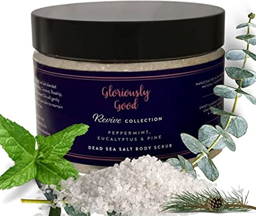 Peppermint, Eucalyptus & Pine Aromatherapy Dead Sea Salt Body Scrub | Skin Polish | Rich in Minerals | Boosts Circulation | 100% Natural Vegan | 300g Scented with Pure Essential Oils