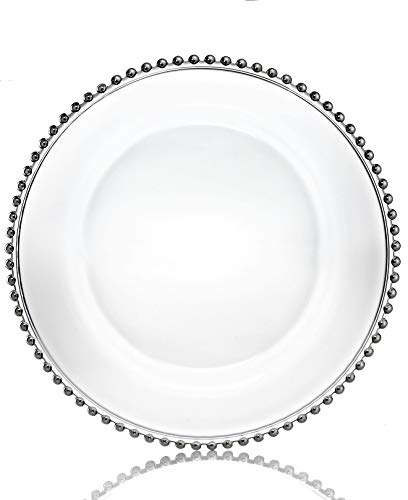plate Elegant Design Glass Charger Clear/Gold, Silver & Rose Gold Beaded Decorative Wedding Dinner (Silver Beaded)