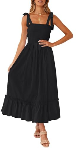 ZESICA Women's 2026 Summer Boho Spaghetti Strap Square Neck Solid Color Ruffle A Line Beach Long Maxi Dress,Black,Medium